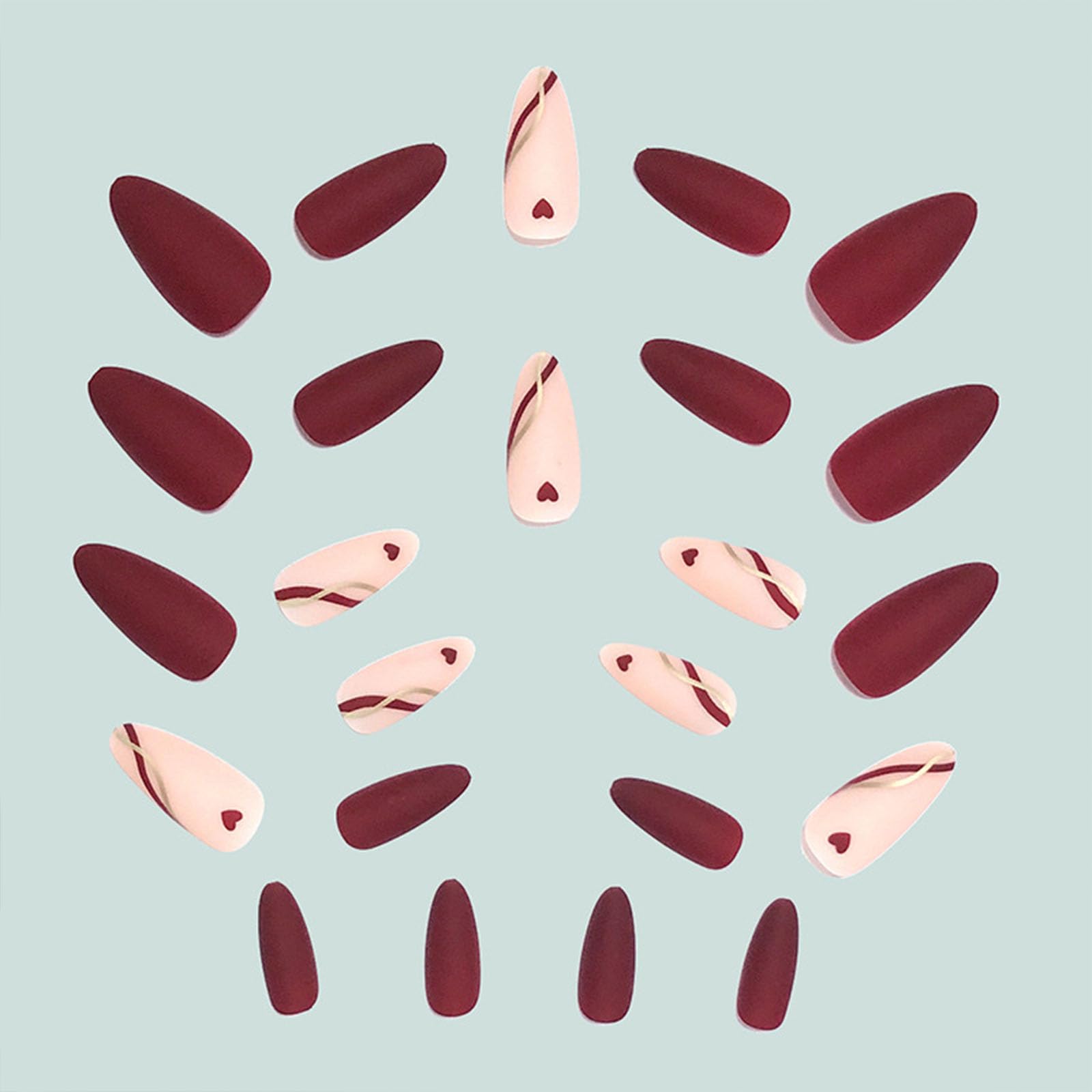 Nails Red Press on Nails Medium Almond Heart Fake Nails Matte False Nails with Line Design Nude Pink Glue on Nails Glossy Acrylic Nail Full Cover Stick on Nails for Women 24 Pcs - Image 5