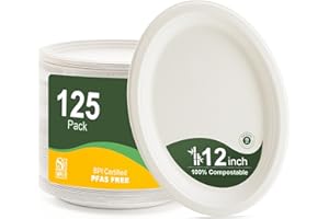WELLIFE 100% Compostable Oval Paper Plates 12 Inch, 125-Pack Large Heavy Duty Paper Plates Bulk,Biodegradable Bagasse,Eco-Friendly Disposable Dinner Plate for BBQ,Picnic,Party (BPI Certified,Microwaveable)