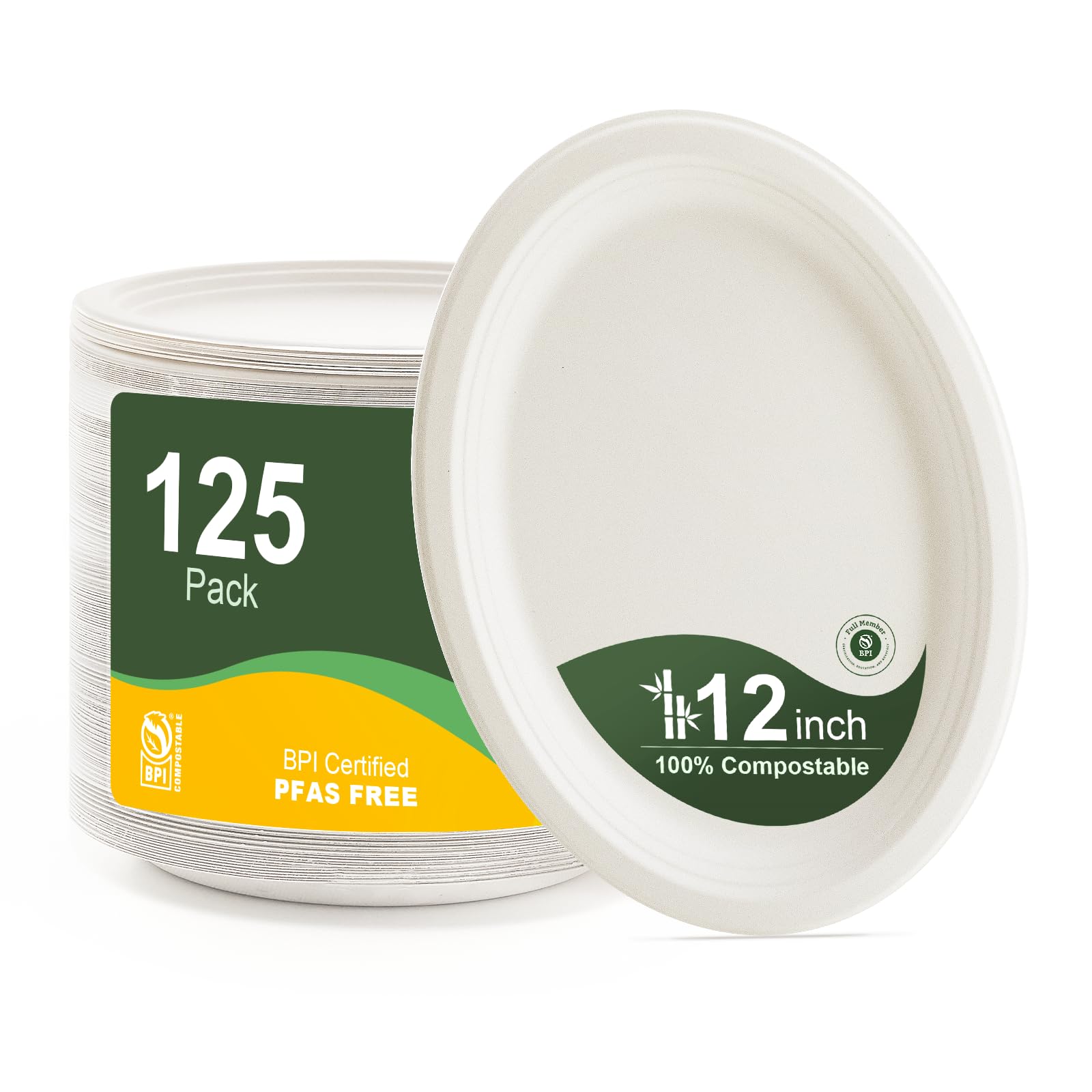 Photo 1 of 100% Compostable Oval Paper Plates 12 Inch, 125-Pack Large Heavy Duty Paper Plates Bulk,Biodegradable Bagasse,Eco-Friendly Disposable Dinner Plate for BBQ,Picnic,Party (BPI Certified,Microwaveable)