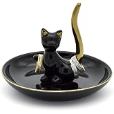 Exembe Happy Cat Posture Ring Holder Jewelry Storage Dish Trinket Tray Decorative Black/Golden Tail.