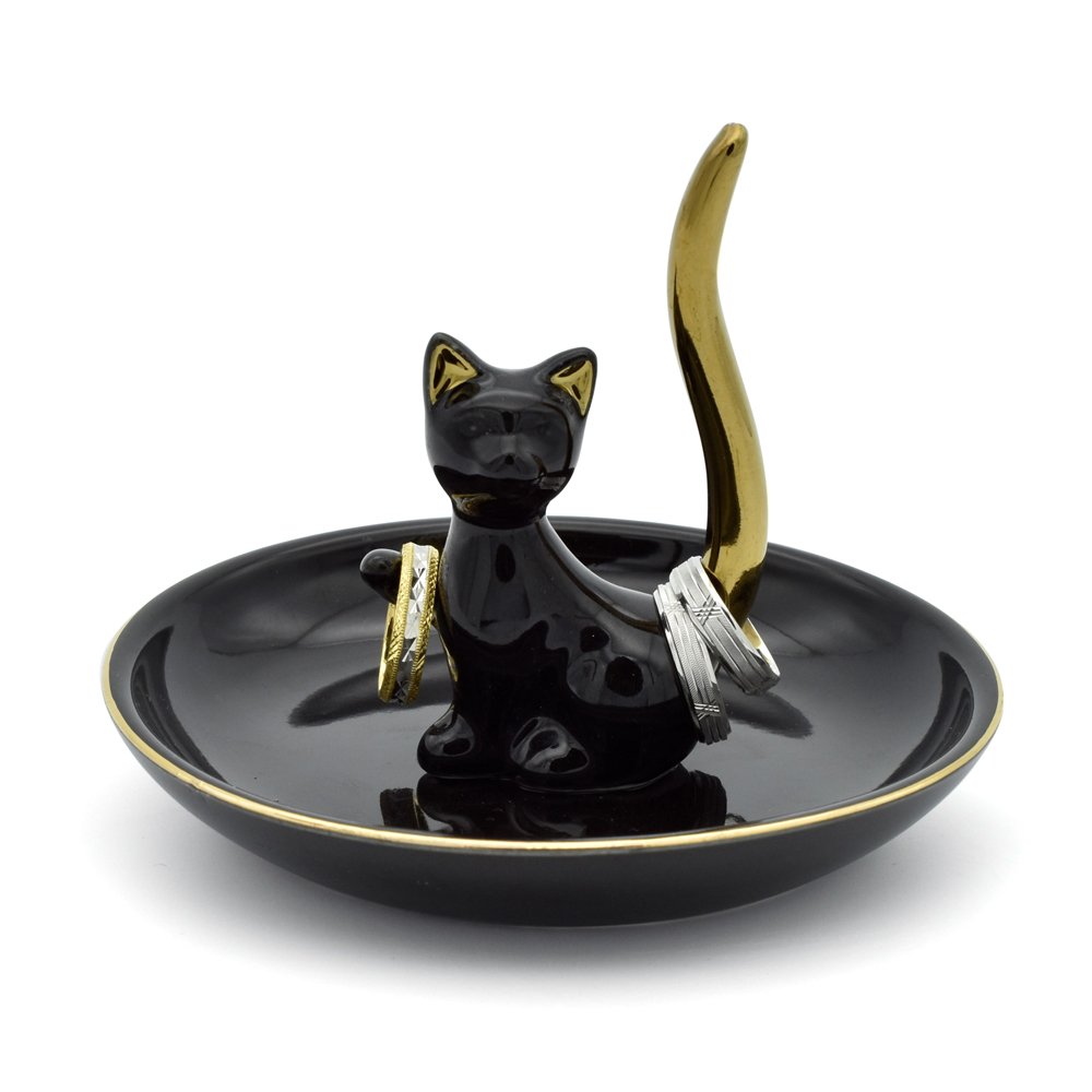 Exembe Happy Cat Posture Trinket Tray Decorative Ring Holder Jewelry Storage Dish Black/Golden Tail