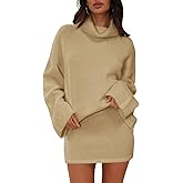 Langwyqu Womens 2 Piece Outfits Sweater Sets Turtleneck Oversized Sweaters and Mini Skirts Fall Winter Trendy Loungewear