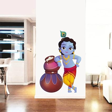 Rawpockets Lord Krishna and Butter Pots Wall Sticker (PVC Vinyl, 50 cm x 75cm)