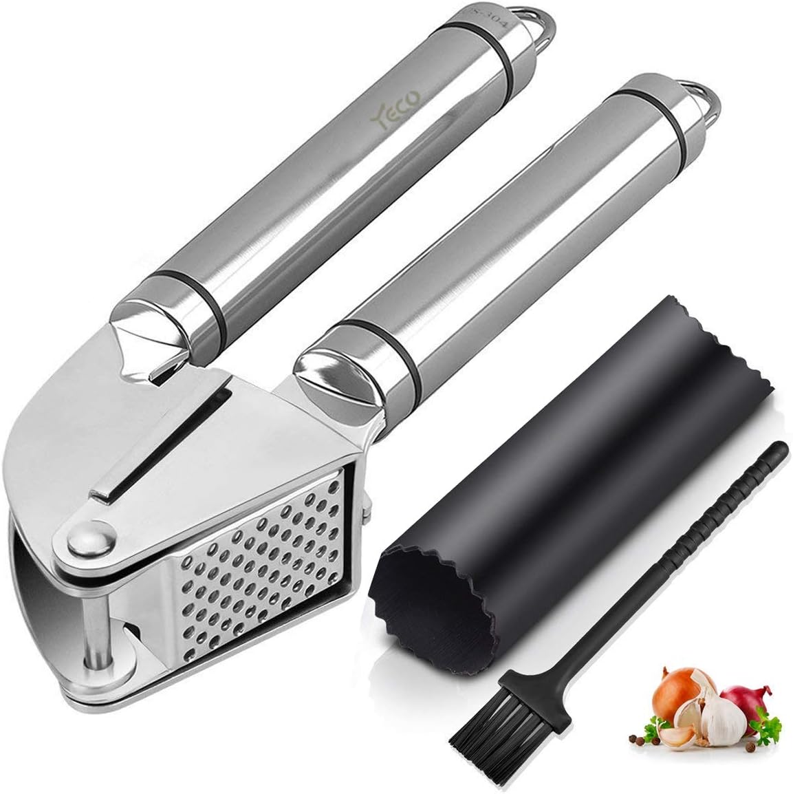Garlic Press, YECO Garlic Crusher Stainless Steel Ginger Squeezer Presser Masher for Restaurant Home Kitchen, Easy to Use and Clean with Silicone Peeler and Brush, Good kitchen Helper