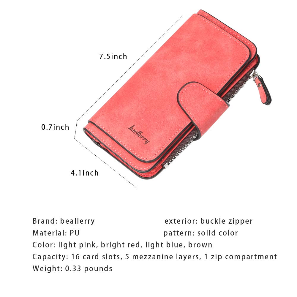 Buckle Women\'s Wallet Big Three-fold Buckle Multi-card Scrub Fabric Zipper Wallet Clutch (Red)