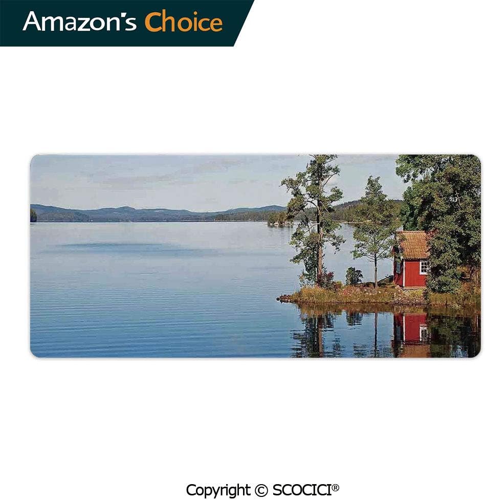 YOLIYANA Desk Pad Office Desktop Protector Lakeside Photo with Calm Still Water and Small Country House Between Rubber Desk Mat Blotters Organizer with Comfortable Writing Surface 23.6 x 11.8 inch