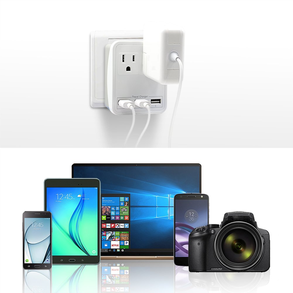 Outtag Power Adapter Kit Surge Protecor AC Wall Charger for Laptops Smartphones iphone ipad More Dual Voltage Devices (2USA Outlets+3USB Ports)