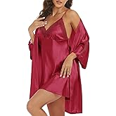 Women's Silk Pajama Sets Satin Robe with Nightgown 2 Piece Sleepwear Sexy Lace Cami Nightwear Kimono Bridesmaid Robes