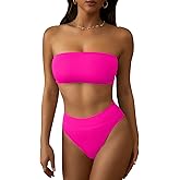 Pink Queen Women's Ribbed High Waisted Bikini Set Removable Strap Bandeau Swimsuit