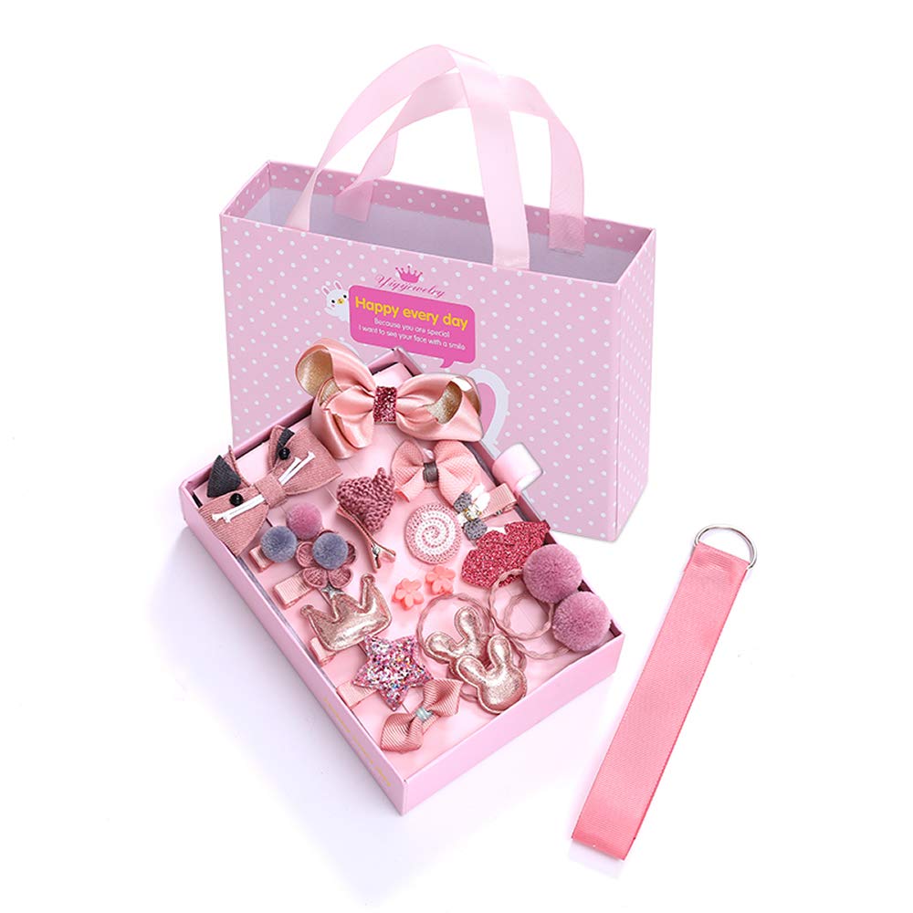 Enkarl Baby Girl's Hair Clips 18pcs Cute Hair Bows Elastic Hair Ties - Baby Hairclips Hair Accessories with Gift Package for Baby Girls Infants Toddler Kid (Pink)