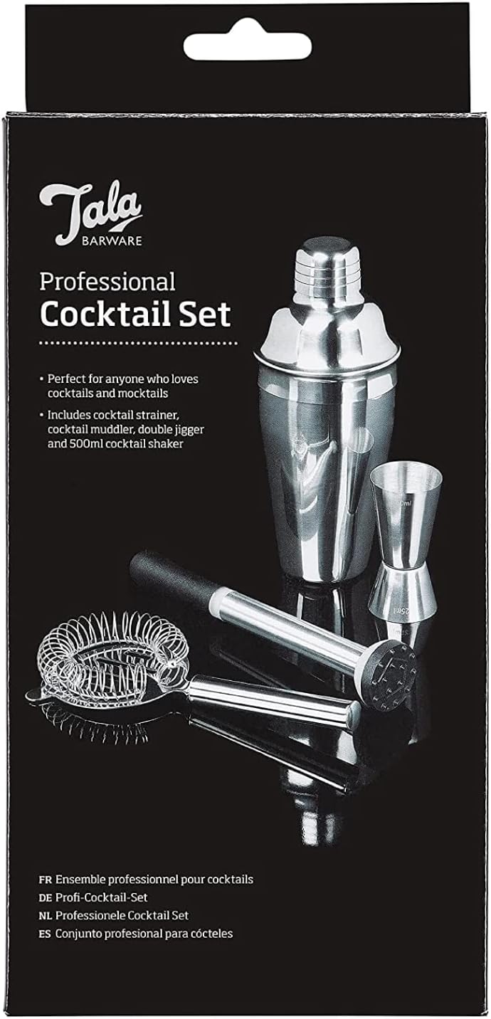Tala Barware 4 Piece Cocktail Set Stainless Steel 500ml Shaker Jigger Muddler