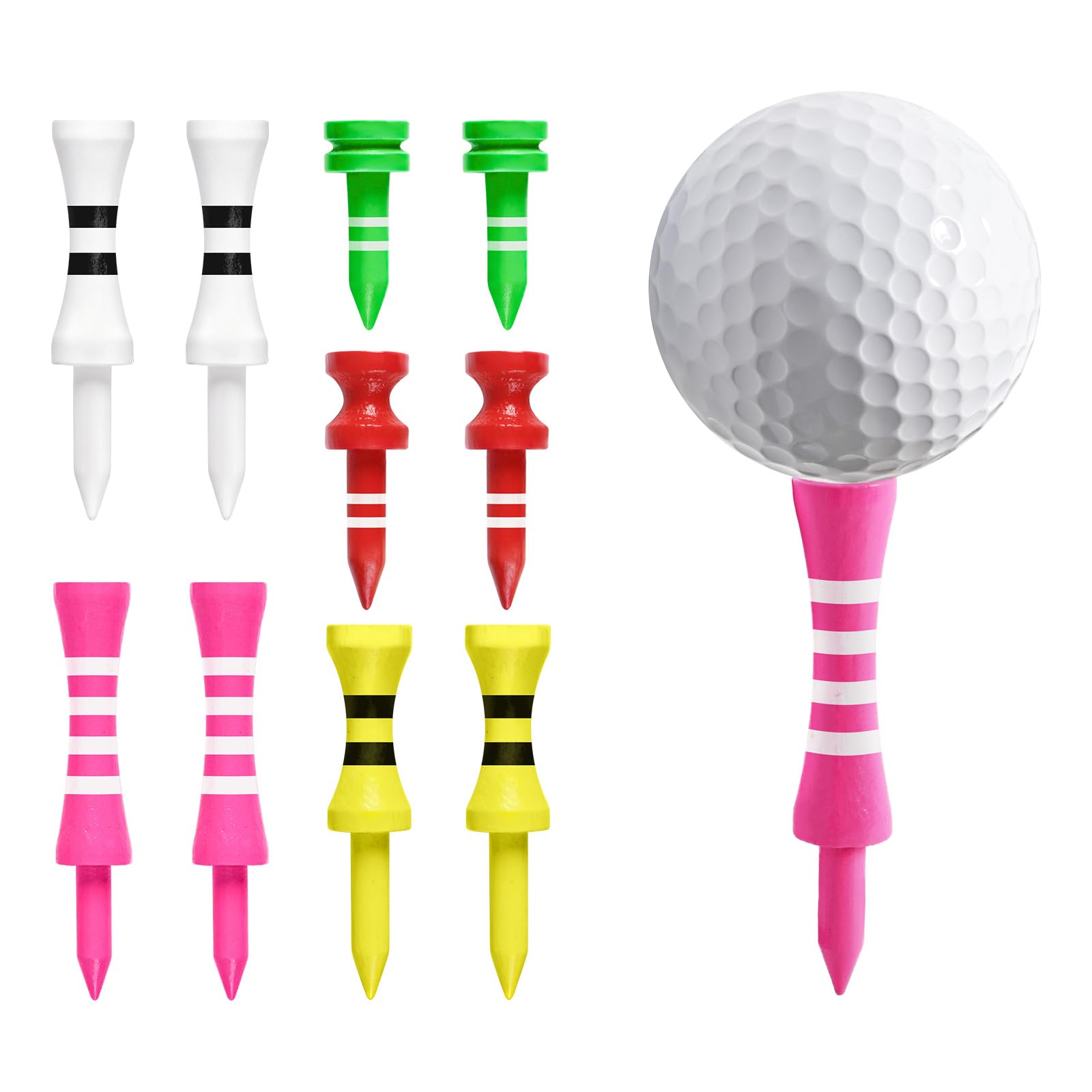 FINGER TEN Bamboo Castle Golf Tees Same or Mixed Heights 50 Pack, Step Down Training Tees 1", 1.25", 1.75", 2", 2.35" with Stripes for Consistent Height, Practice Tees for All Golfers (Multicolored)