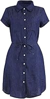 Canrulo Women's Short Sleeve Denim Dress Turn Down Collar Button Down Swing Mini Shirt Dress with Belt