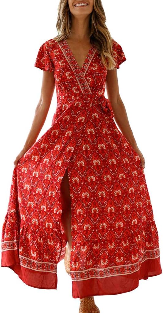 Womens Boho Print Maxi Dress Short Sleeve V-Neck Summer Breathable Night Party Beach Sundress