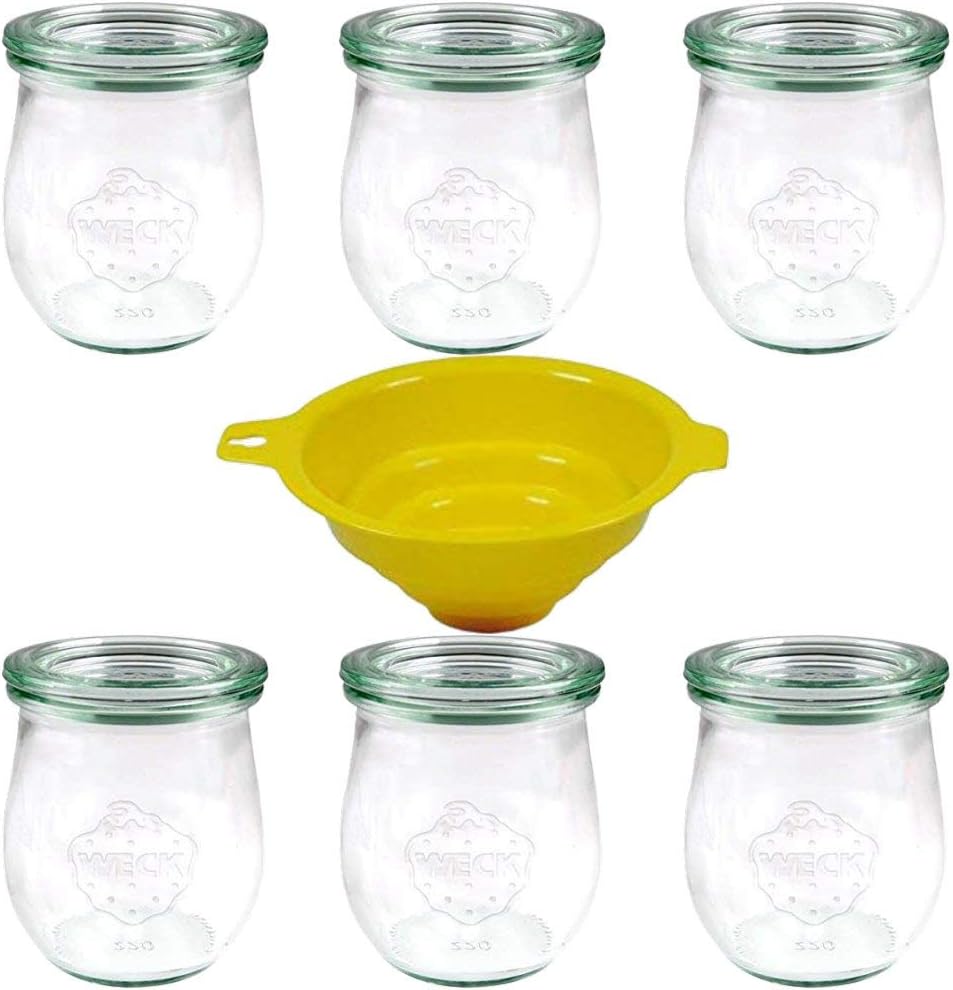 Viva Haushaltswaren 6 Small Round Preserving Jars Tulip-Shaped 220 ml with Yellow Funnel and Attachment