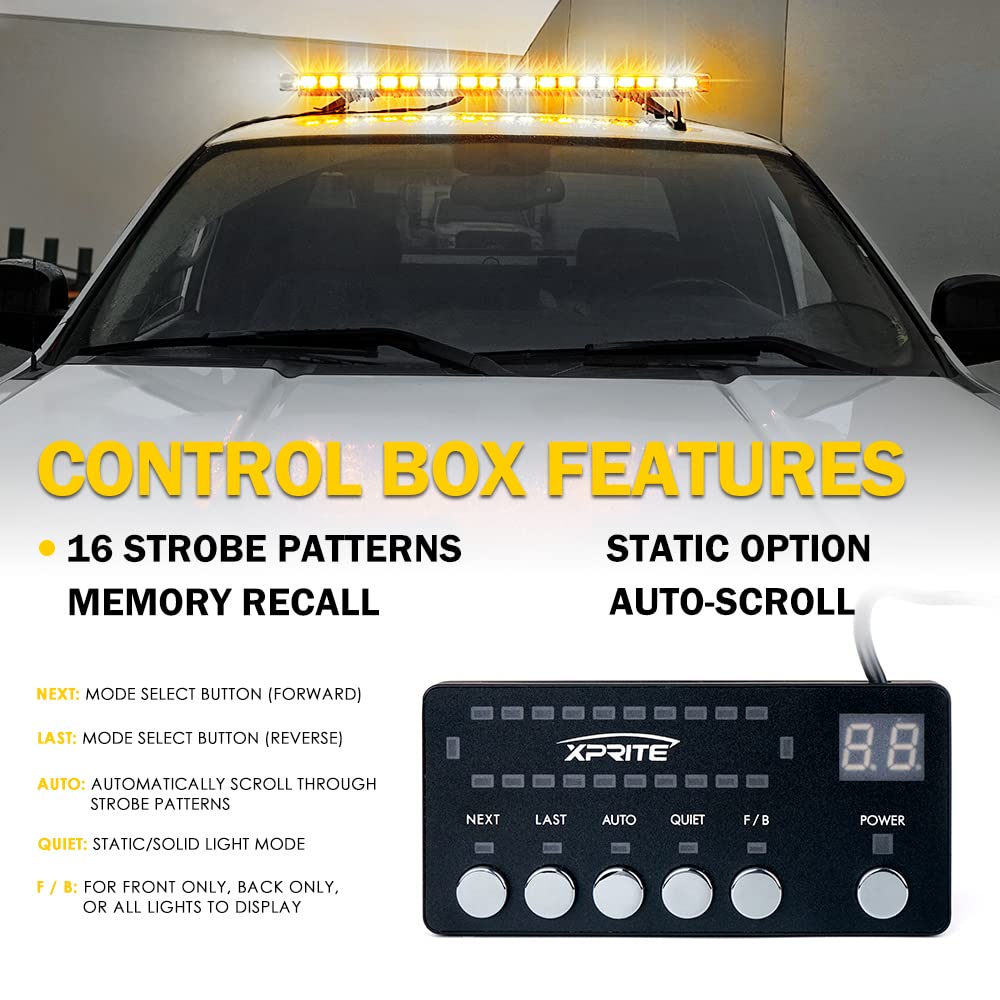 Xprite 48 Inch LED Rooftop Emergency Strobe Warning Lights Bar w/Adjustable Mounting Brackets, for Vehicles, Security, Law Enforcement, Snowplow, Tow Trucks, Crane, Construction Cars - White Amber