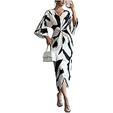 RoseSeek Women's Elegant Graphic Twist Front Dress 3/4 Ruffle Sleeve Silky Maxi Dress Bodycon Cocktail Dresses with Slit