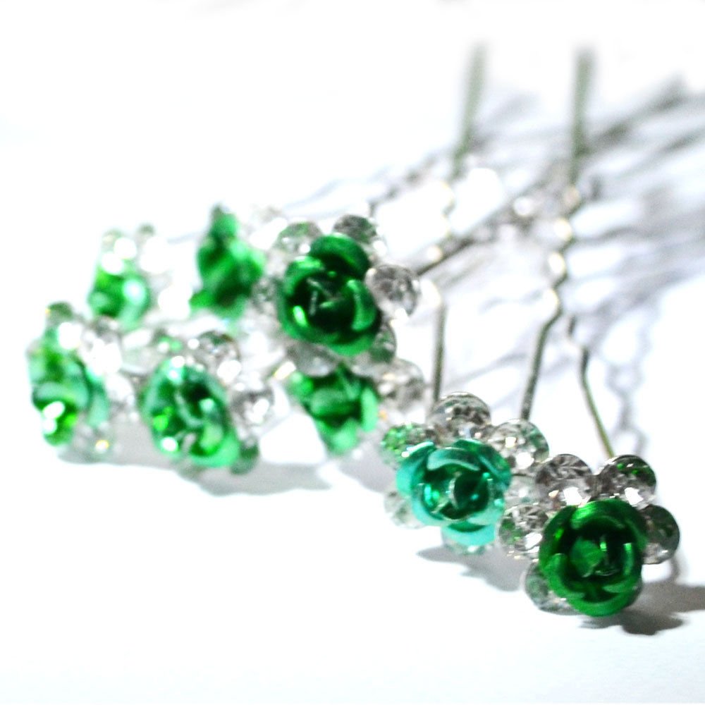 5starwarehouse® 10x Bridal Wedding Prom Silver Crystal Diamante Rose Flower Hair Pins Clips Grips (Green)