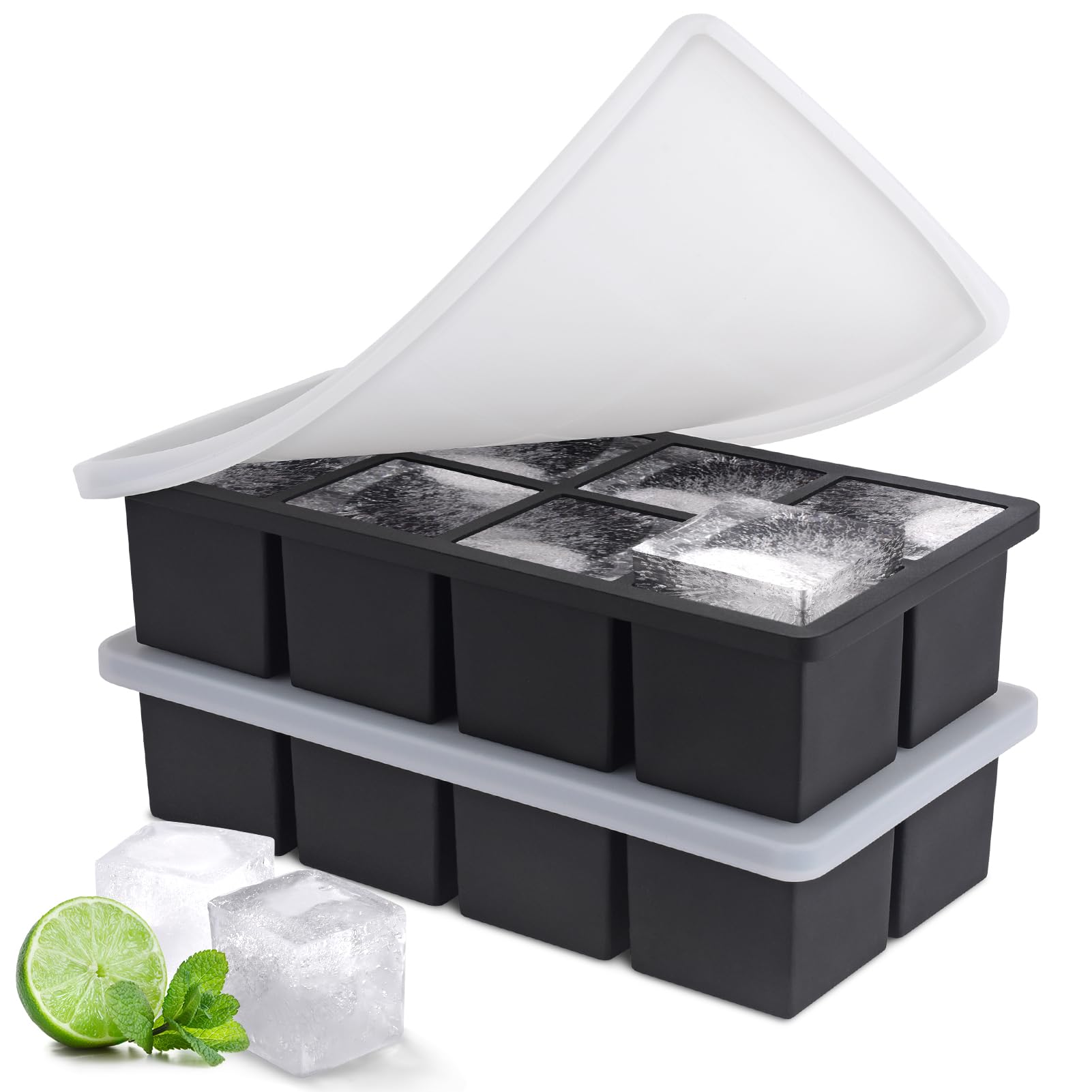 Ice Cube Tray with Lid, Silicone Ice Cube Tray 2 Pack, Easy-Release Large Ice Cube Moulds for Cocktails Whiskey Juice Coffee, Stackable Giant Ice Tray for Easy Storage?8 Square?