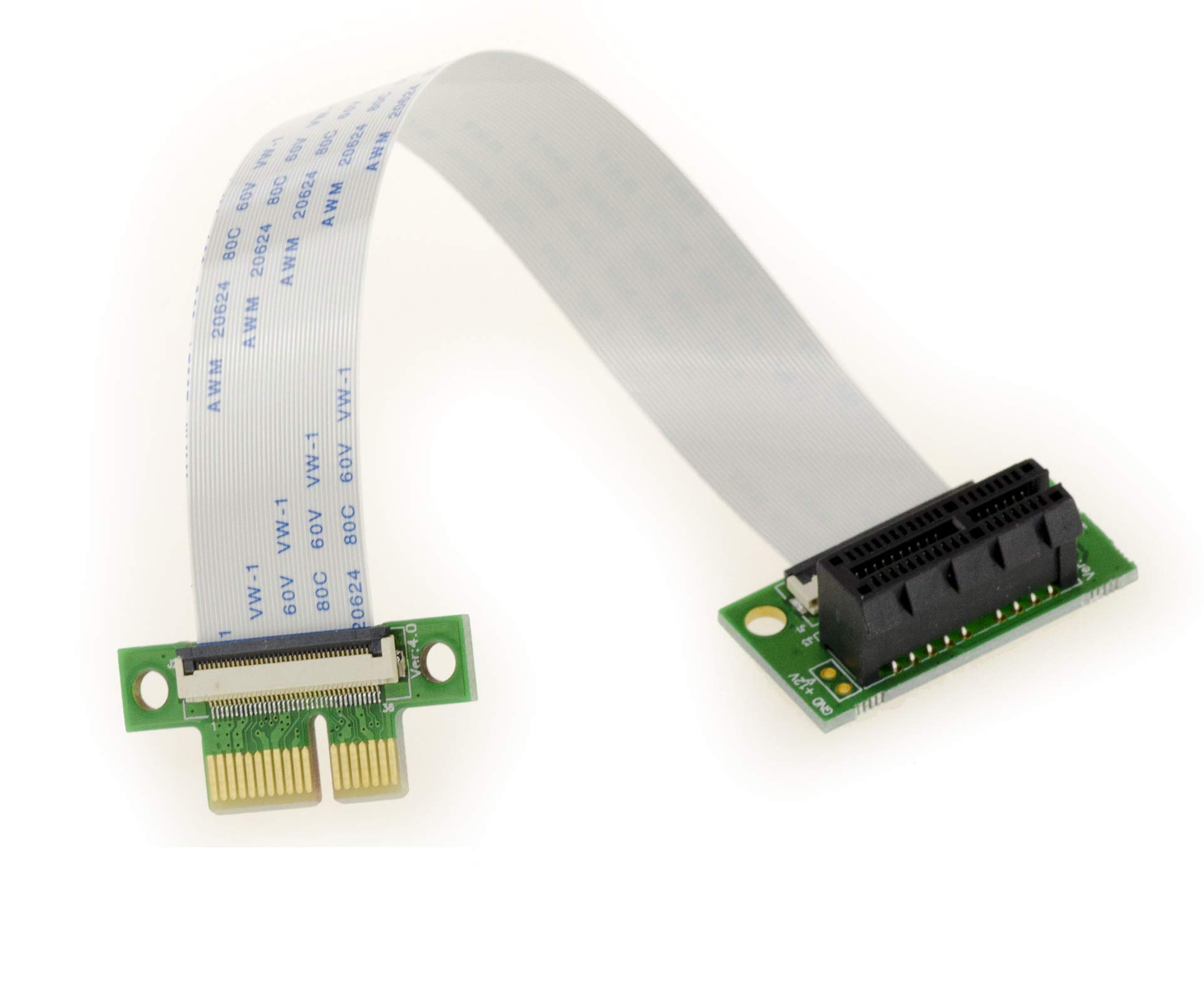 KALEA-INFORMATIQUE Riser-type PCI Express expansion ribbon. PCIe x1 connectors and 15cm or 25cm FPC-type flexible cables.