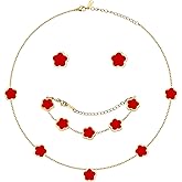 Double-Sided Clover Jewelry Set - 18K Gold Plated Flower Design Five Leaf Clover Bracelet Pendant Necklace And Stud Earrings For Women.Lucky Gifts For Mom Wife Daughter Friends