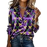 Women's Mardi Gras Shirts Long Sleeve Button Down Shirt Tuesday Carnival Party Outfit 2026