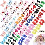 Comsmart 60Pcs Dog Bows, 30 Pairs Yorkie Dog Puppy Hair Bows with Rubber Bands & Rhinestone Pearls & Handmade Lace Fabric, Cute Pet Small Dog Hair Bowknot Topknot Grooming Accessories