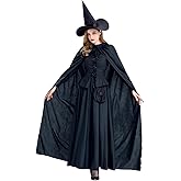 GRAJTCIN Women's Wicked Witch Costume, 4 Pieces Halloween Deluxe Witchy Dress Black