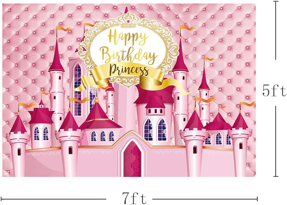 MEHOFOTO 7x5ft Princess Castle Birthday Photo Studio Booth Background Pink Headboard Girl Gold Birthday Border Photography Backdrops Banner for Dessert Table Supplies - Image 5