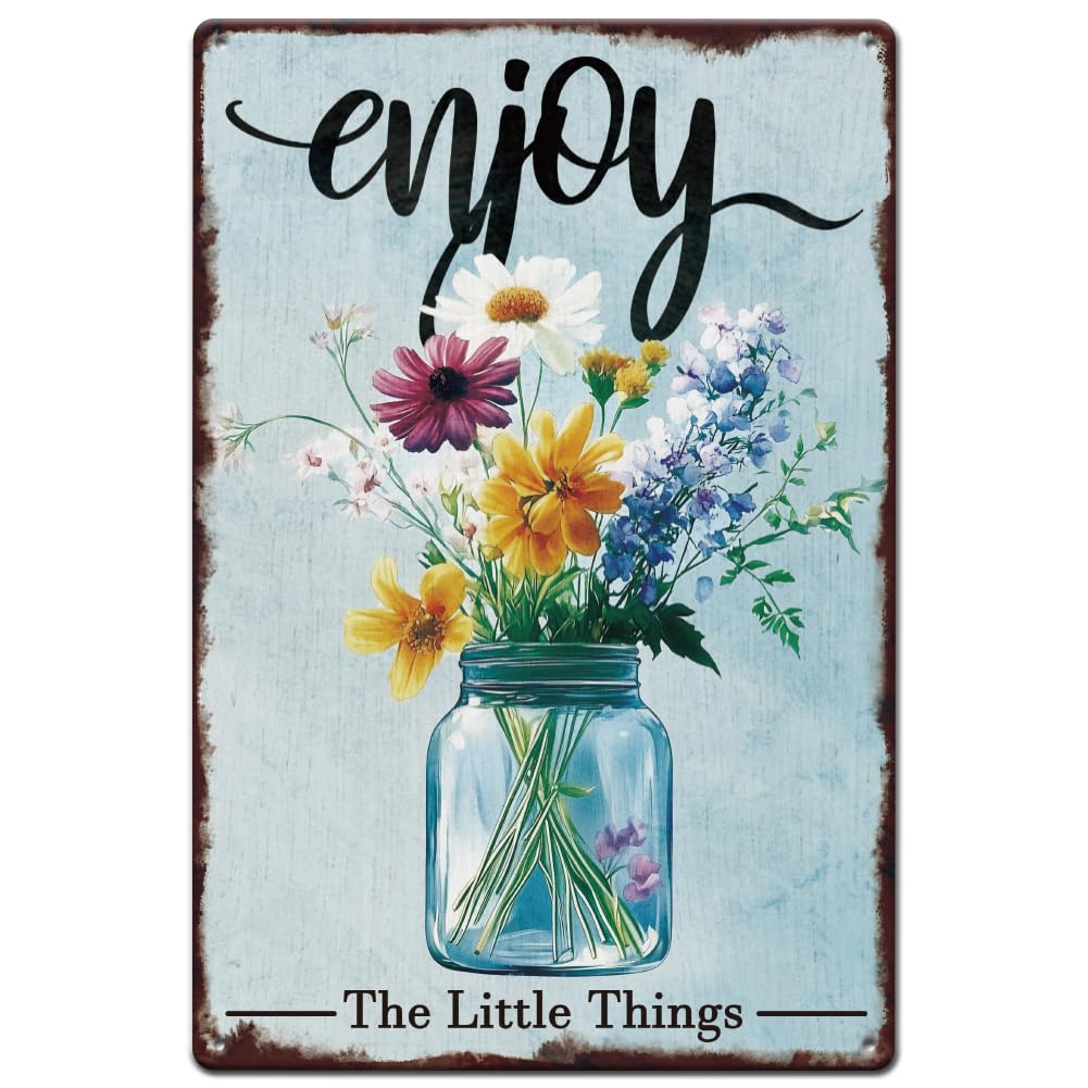 SUPERDANT Glass Bottle Flowers Metal Signs Bouquet Metal Tin Signs Enjoy The Little Things Metal Sign for Home Man Cave Garden Living Room Girl's Room Office Outside Wall Decoration