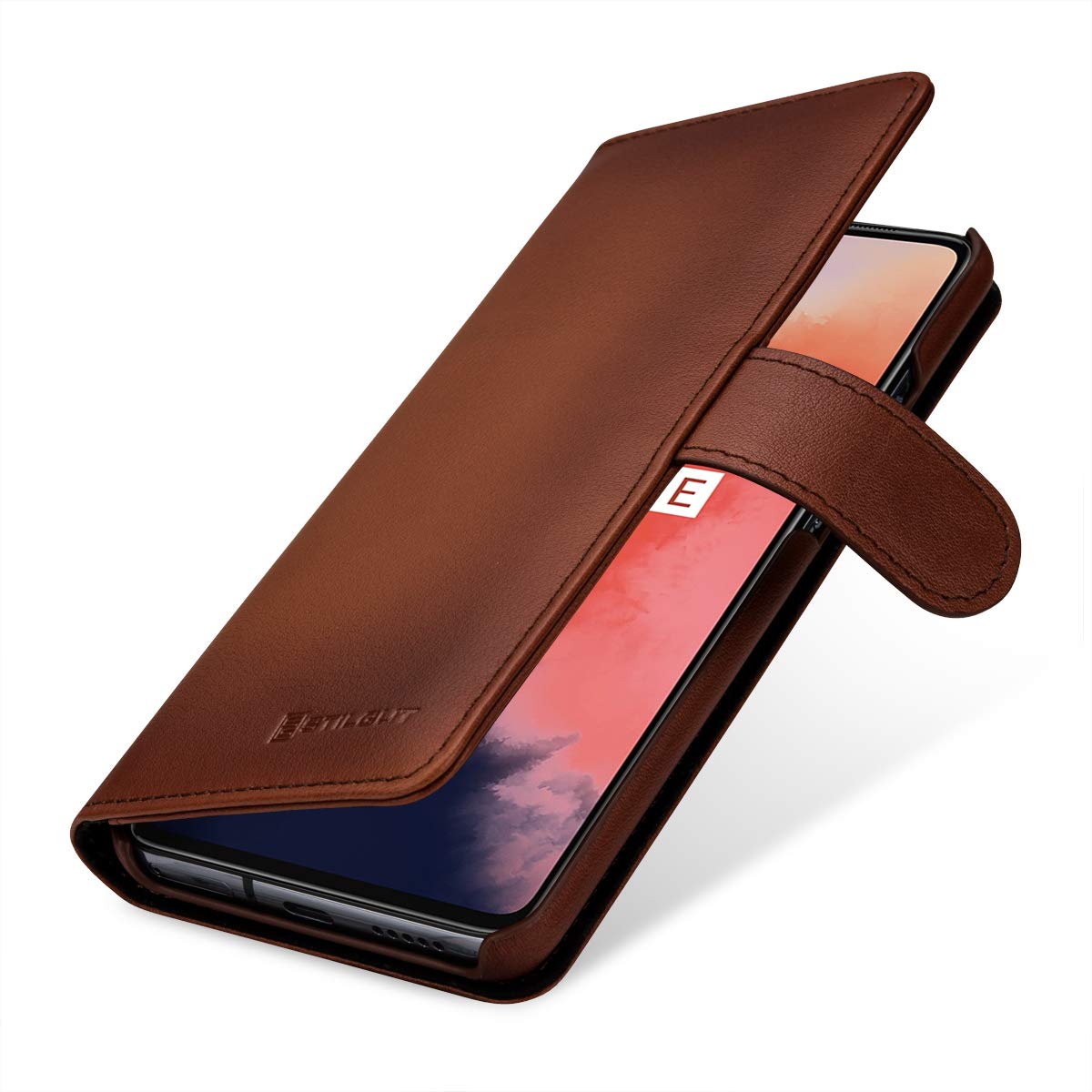 StilGut Wallet Case for OnePlus 7T, Genuine Leather OnePlus 7T Case with Card Slots & Magnetic Closure, Antique Brown