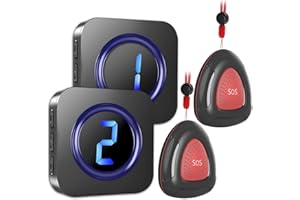 LIKEPAI Wireless Caregiver Pager Black Call System 2 SOS Call Buttons/Transmitters 2 Receivers Nurse Calling Alert Patient Help System for Home/Personal Attention Pager 900+Feet LED Display Receiver