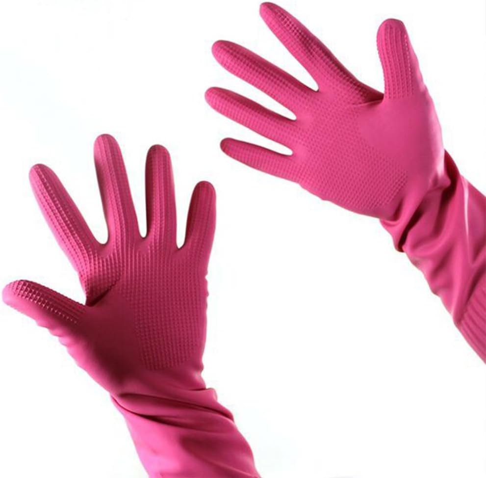 Flowersea998 Reusable Household Cleaning Dishwashing Kitchen Glove House Hold Rubber Latex Gloves,Long Sleeve (Pink)