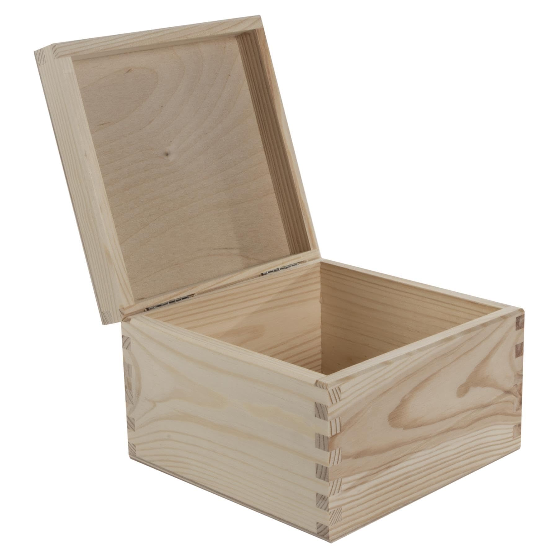 WooDeeDoo Square Wooden Box with Hinged Lid – 16 x 16 x 10.5 cm – Pine Cube Keepsake Memory Chest for Gifts Trinkets Crafts Decoration Unpainted Untreated Storage DIY
