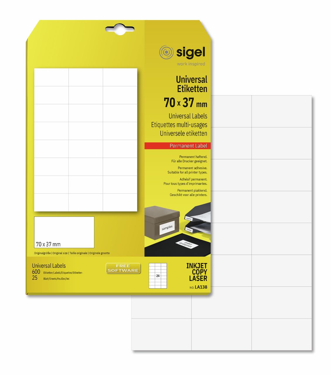 SIGEL LA138 Universal Permanent Labels, White, 7 x 3.7 cm, 600 lbl equal to 25 sheets, White