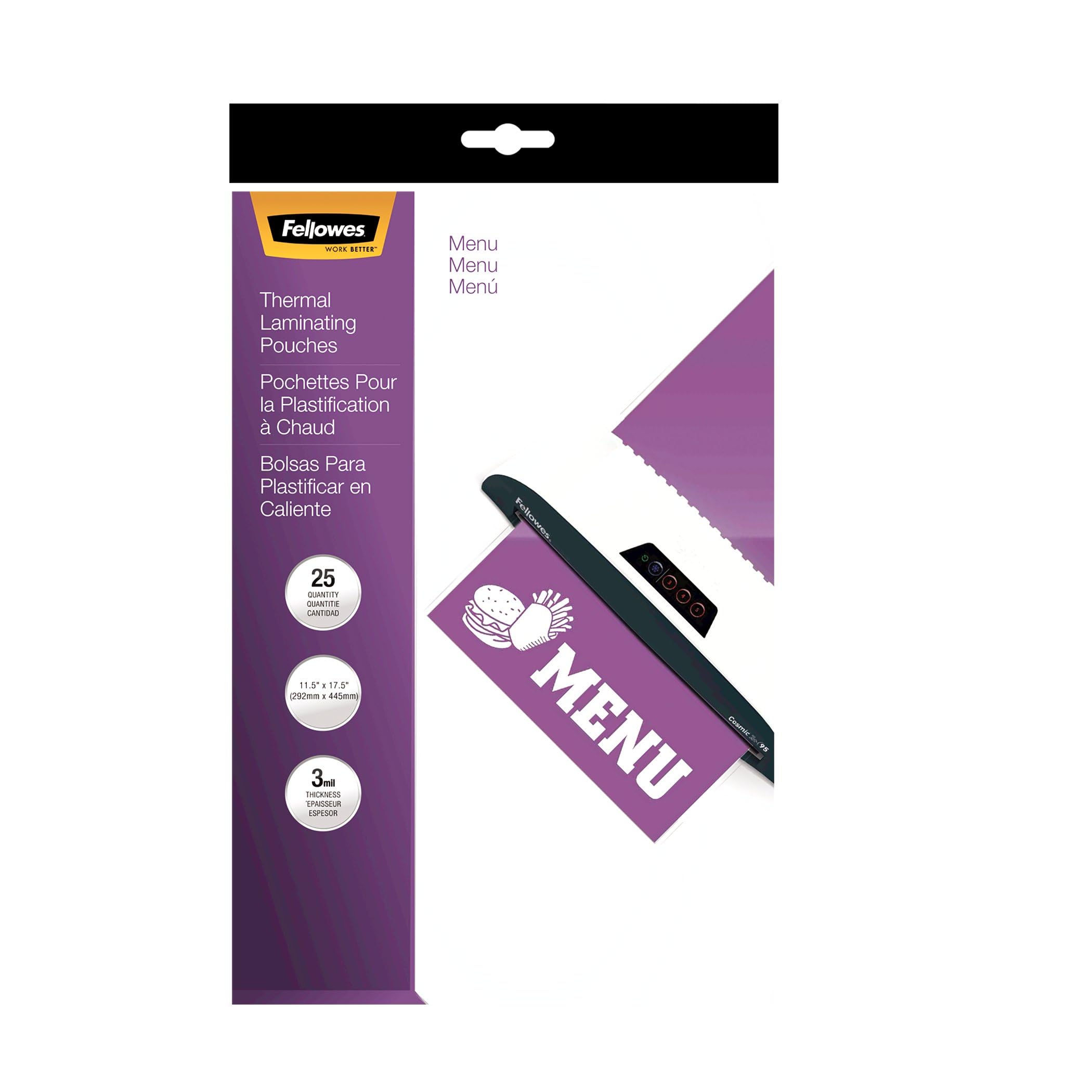 Fellowes Laminating Pouches, Thermal, Menu Size, 17.5 x 11.5 Inches, 3 Mil, 25 Pack (52011),Clear