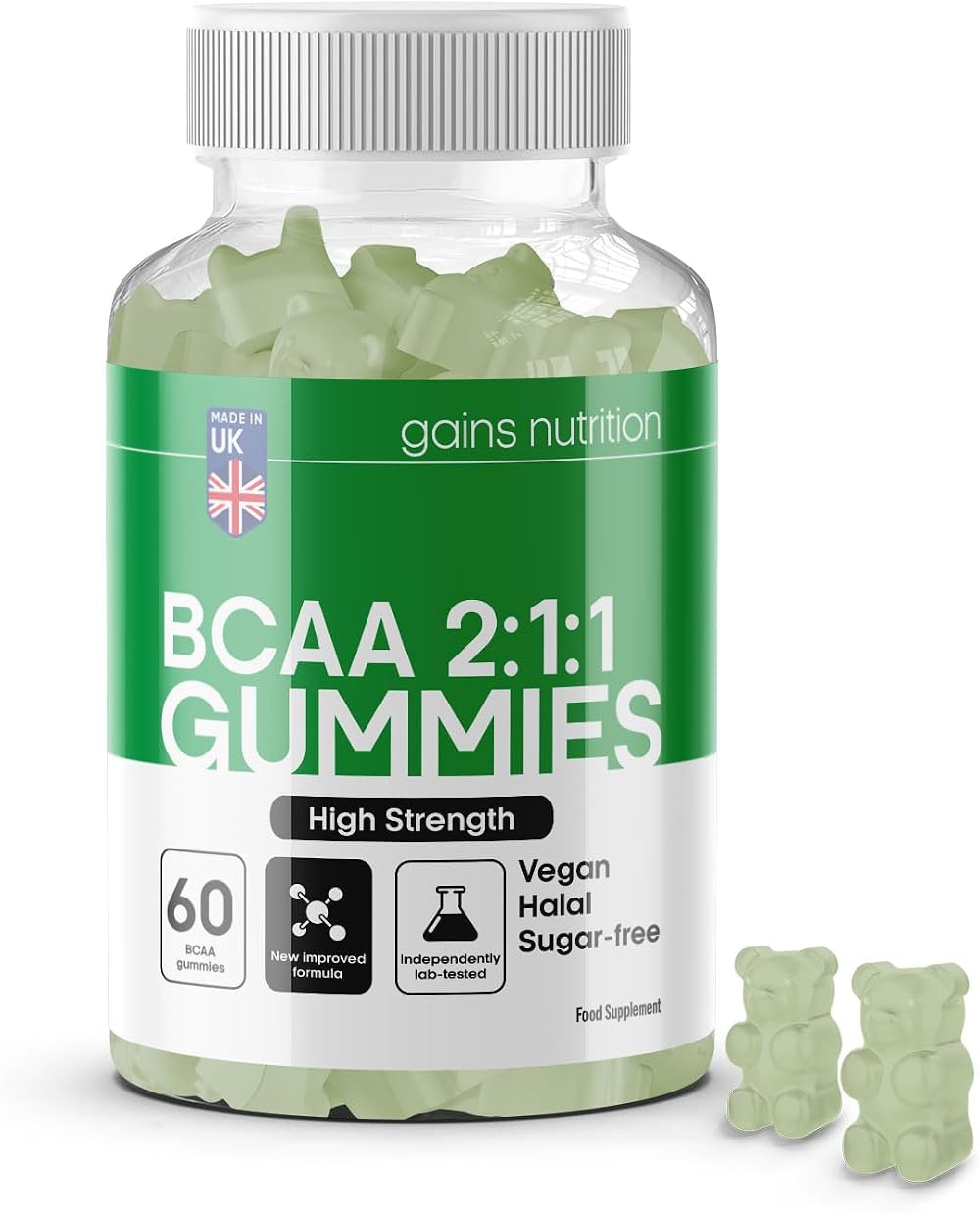 Gains Nutrition GN BCAA Gummies 60 ct 1000mg 2:1:1 Vegan Apple