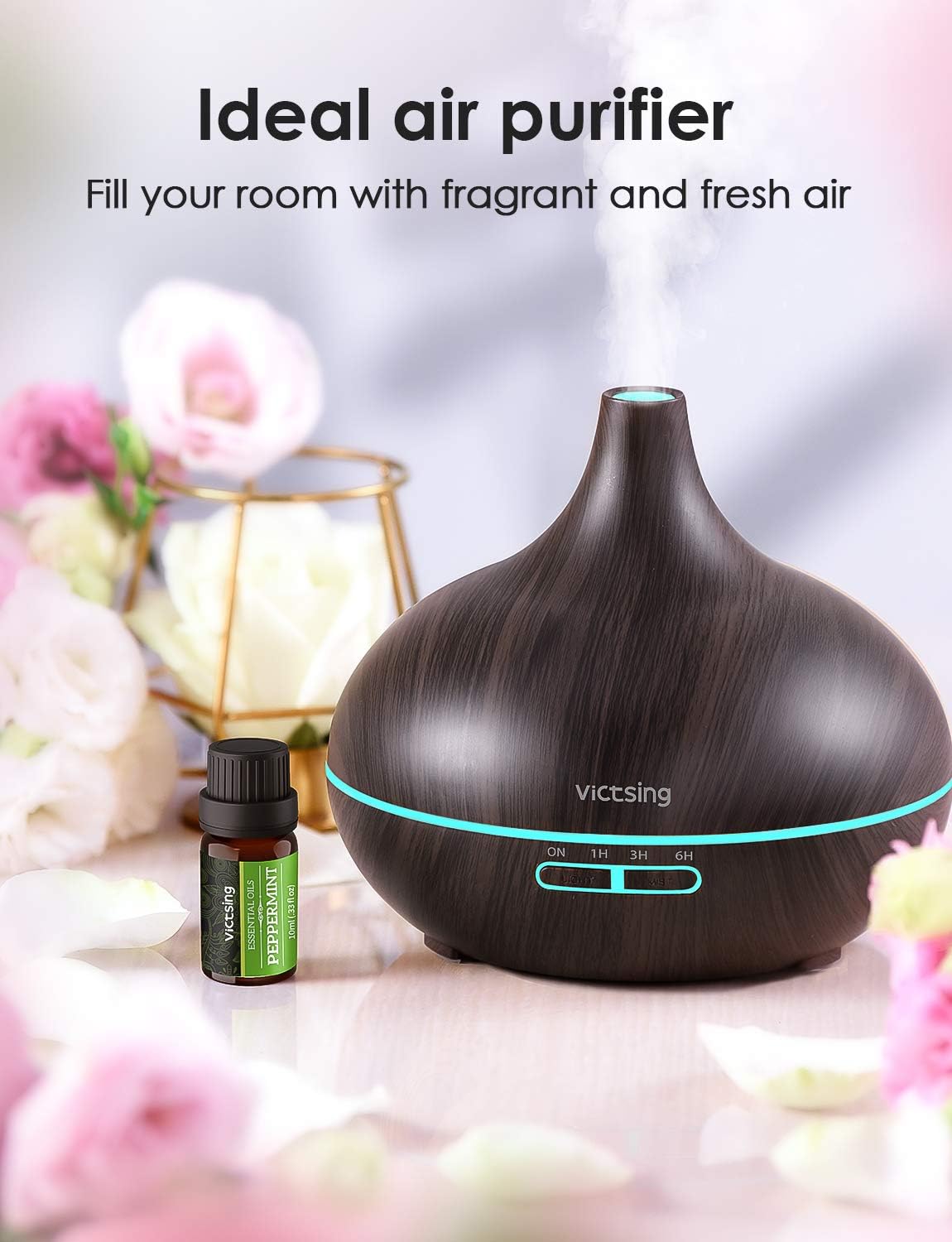 VicTsing 500ml Essential Oil Diffuser with Oils, Aromatherapy Diffuser with Essential Oil Set, Diffusers for Essential Oils with Auto Shut-Off, 4 Timer, Gift Set for Home, Dark Brown: Home & Kitchen
