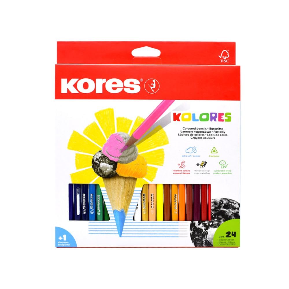 Kores - Kolores, 24 Triangular Shape Colouring Pencils - Coloured Pencils with Soft Lead, Triangular Shape, FSC Wood - Back to School Supplies - Set of 24 Assorted in Carton Case with Sharpener