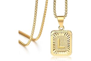 Hermah 26 Gold Plated Square Capital Initial Letter Charm Pendant Necklace for Men Women Box Steel Chain 22inch