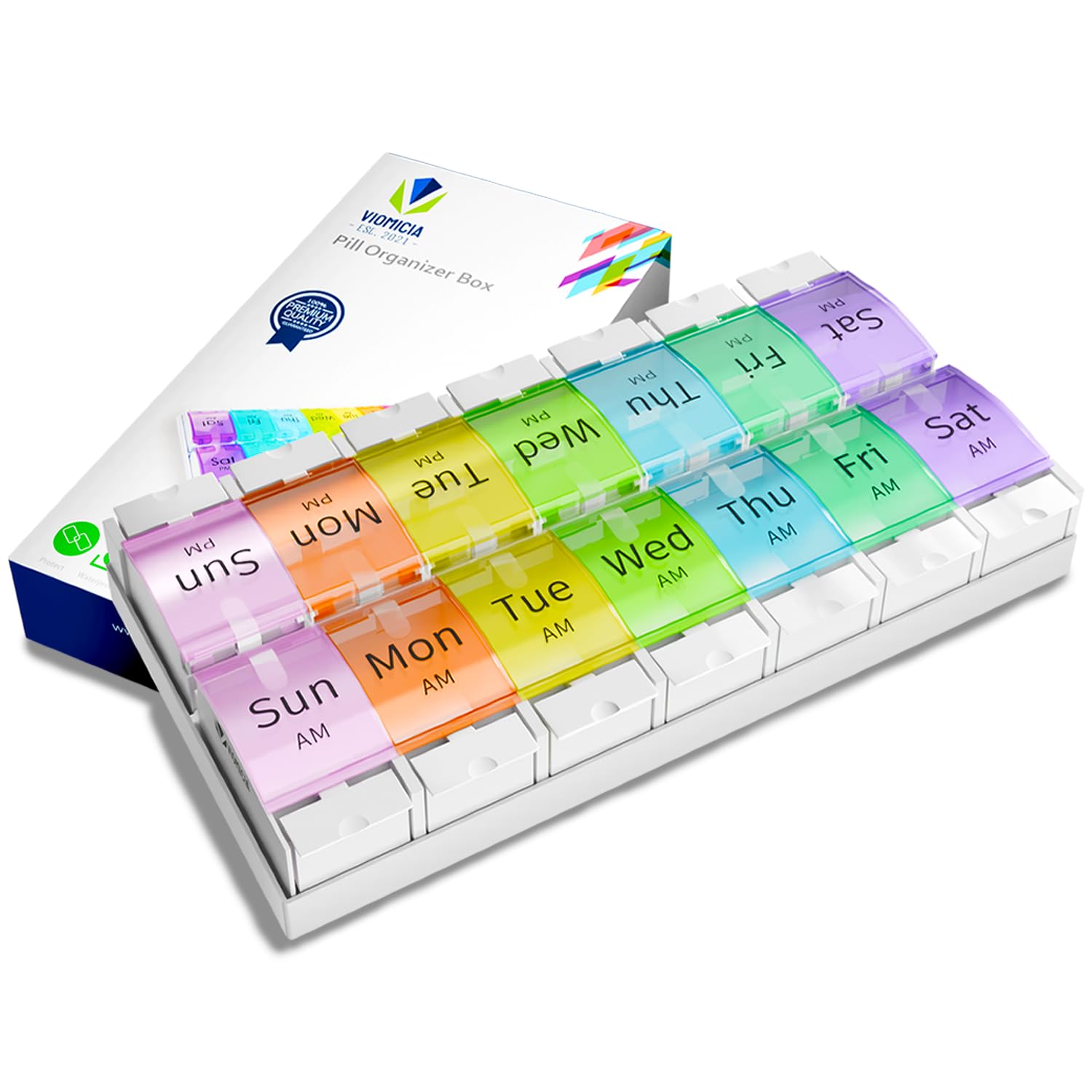 Viomicia Pill Box 7 Day 2 Times a Day Easy to Open Pill Organiser with Push Button Pop Lids Large 14 Compartments Tablet Organiser for Vitamins & Meds