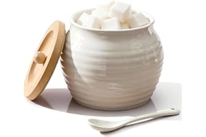 Rougizor 13oz White Ceramic Sugar Bowl with Lid and Spoon, Porcelain Sugar Jar with Bamboo Lid, Salt Container Jar for Coffee