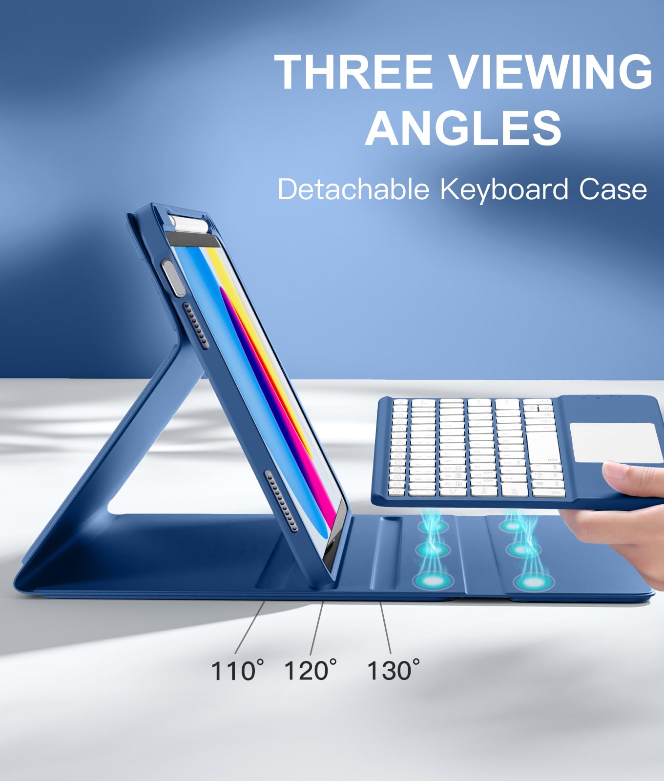 Compatible for iPad 11th 10th Generation Case with Keyboard, Folio Cover with Pencil Holder, Multi-Touch Trackpad, 7 Color Backlit, Detachable Keyboard for iPad (A16) 11th/10th Gen (Navy Blue)