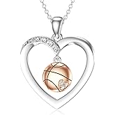 LWXIE Diamond Basketball Necklace for Women 925 Sterling Silver Basketball Heart Pendant with Lab Grown Diamonds Sport Jewelry Gifts for Players Team Sports Fans