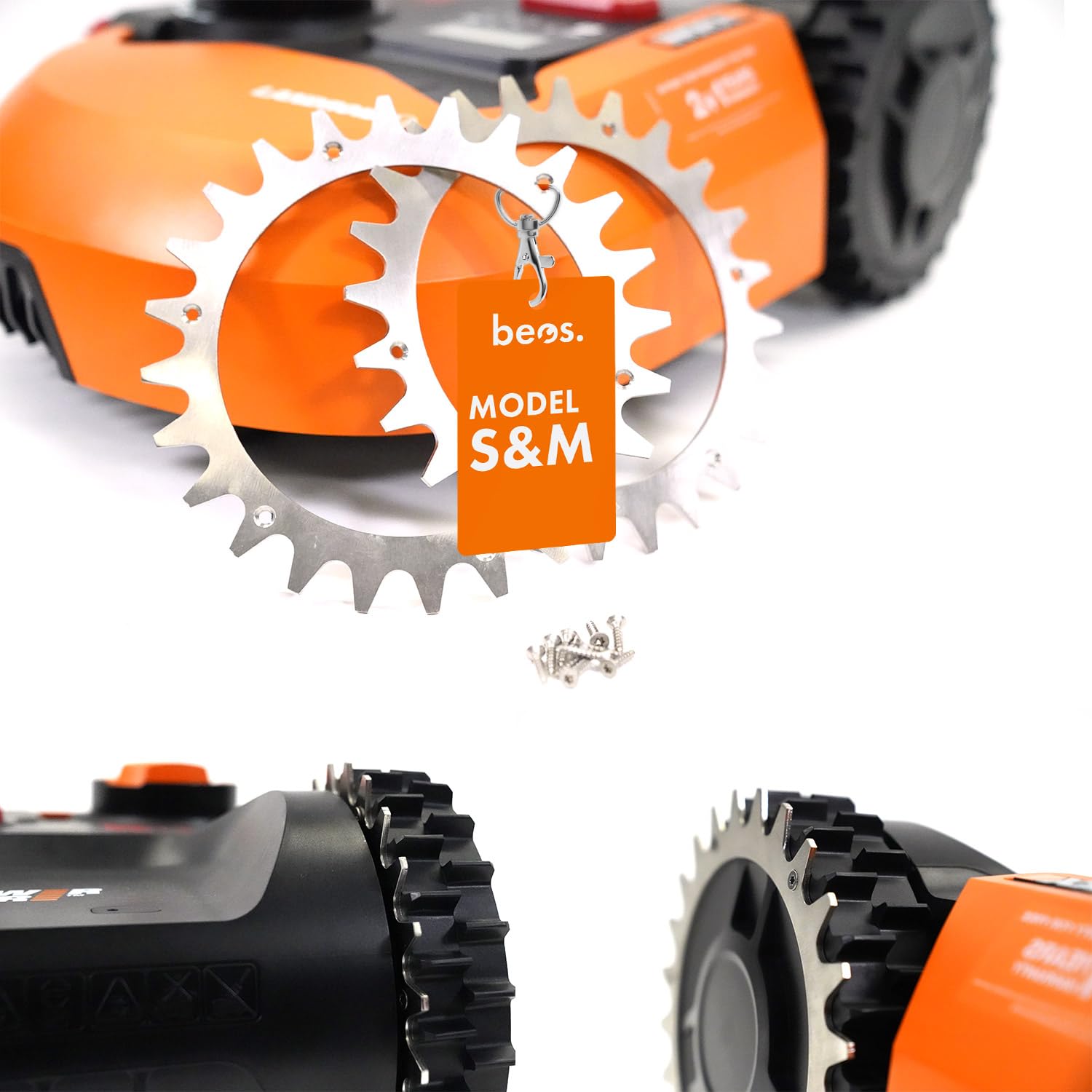 beos Premium Stainless Steel Spikes for Worx Landroid S&M Polished - Countersunk Screw Holes Deburred -12x Stainless Steel Screws - Traction Improvement for Mowing Robot - Wheel Size 205mm