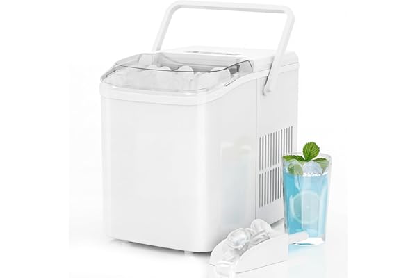 KMFurnila Ice Makers Countertop, Portable Ice Machine with Handle, 6 Mins 9 Bullet Ice Cubes with Basket and Scoop, 26lbs in 24Hrs, Auto-Cleaning, for Home, Kitchen, RV, Camping, White