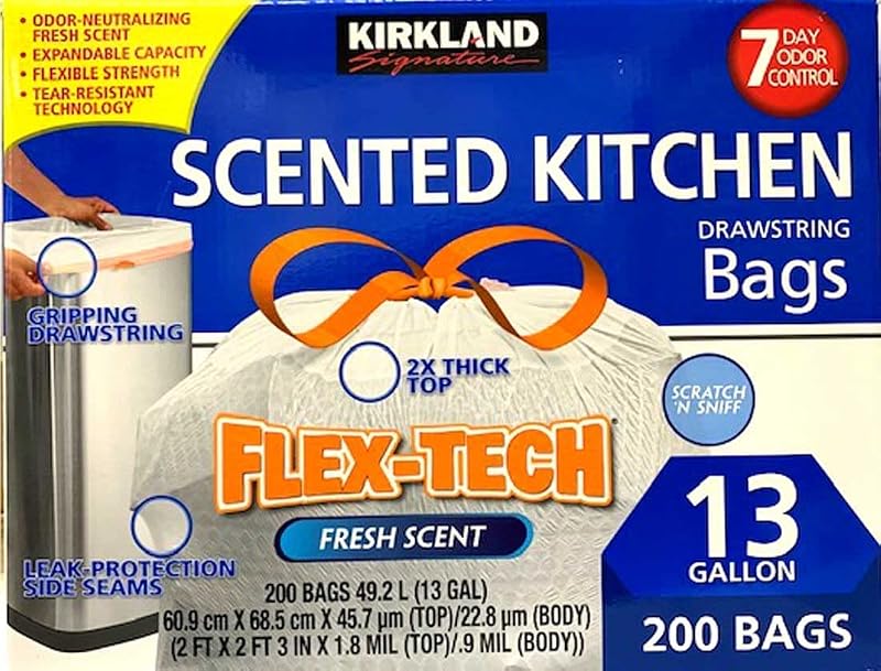 Kirkland Signature Flex-Tech 13-Gallon Scented Kitchen Trash Bags 200 Count