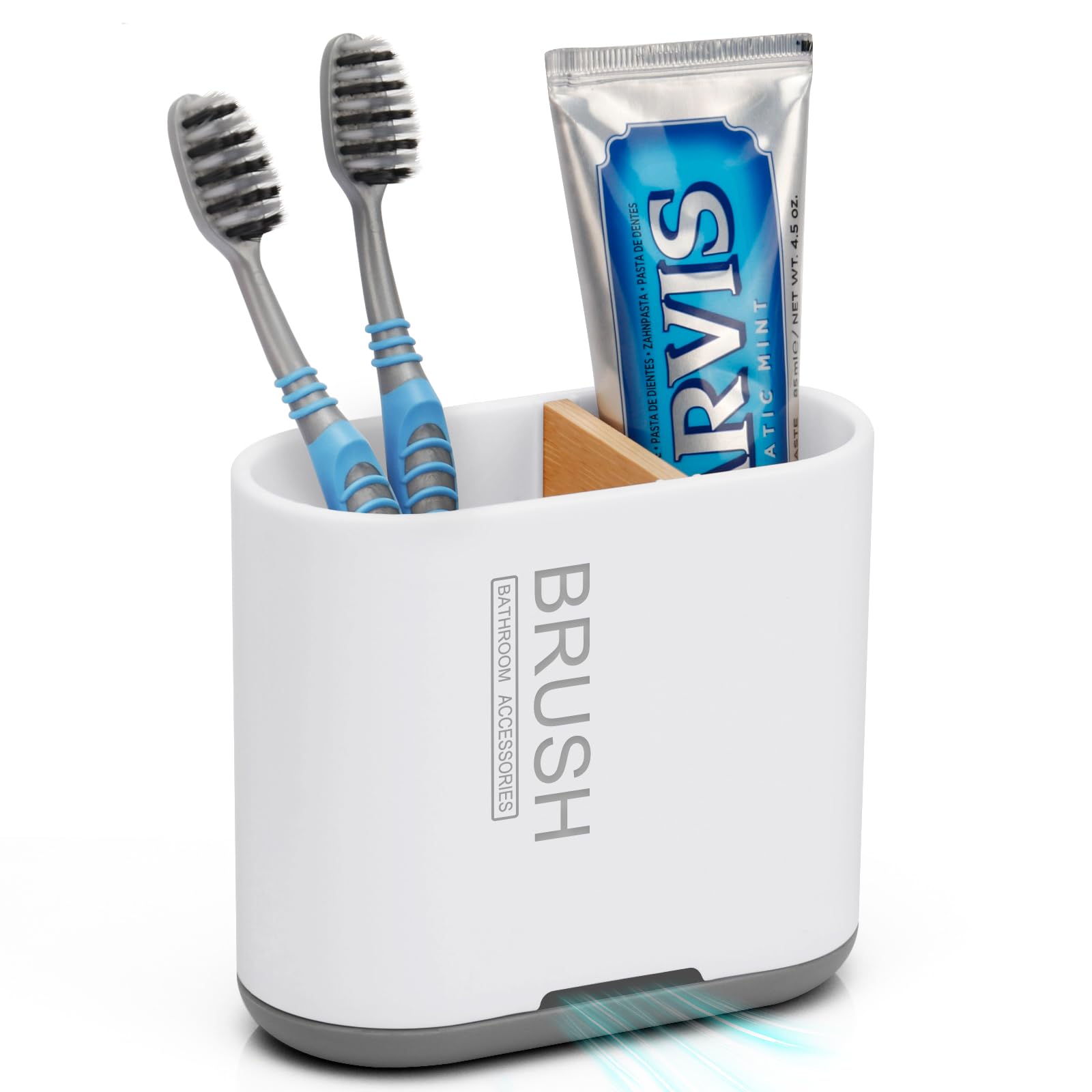Photo 1 of Toothbrush and Toothpaste Holder with Bamboo Divider for Bathroom Countertop Organizer, Detachable for Easy Clean, 2 Slots Electric Toothbrush Holders Storage Caddy Drainage for Family-White