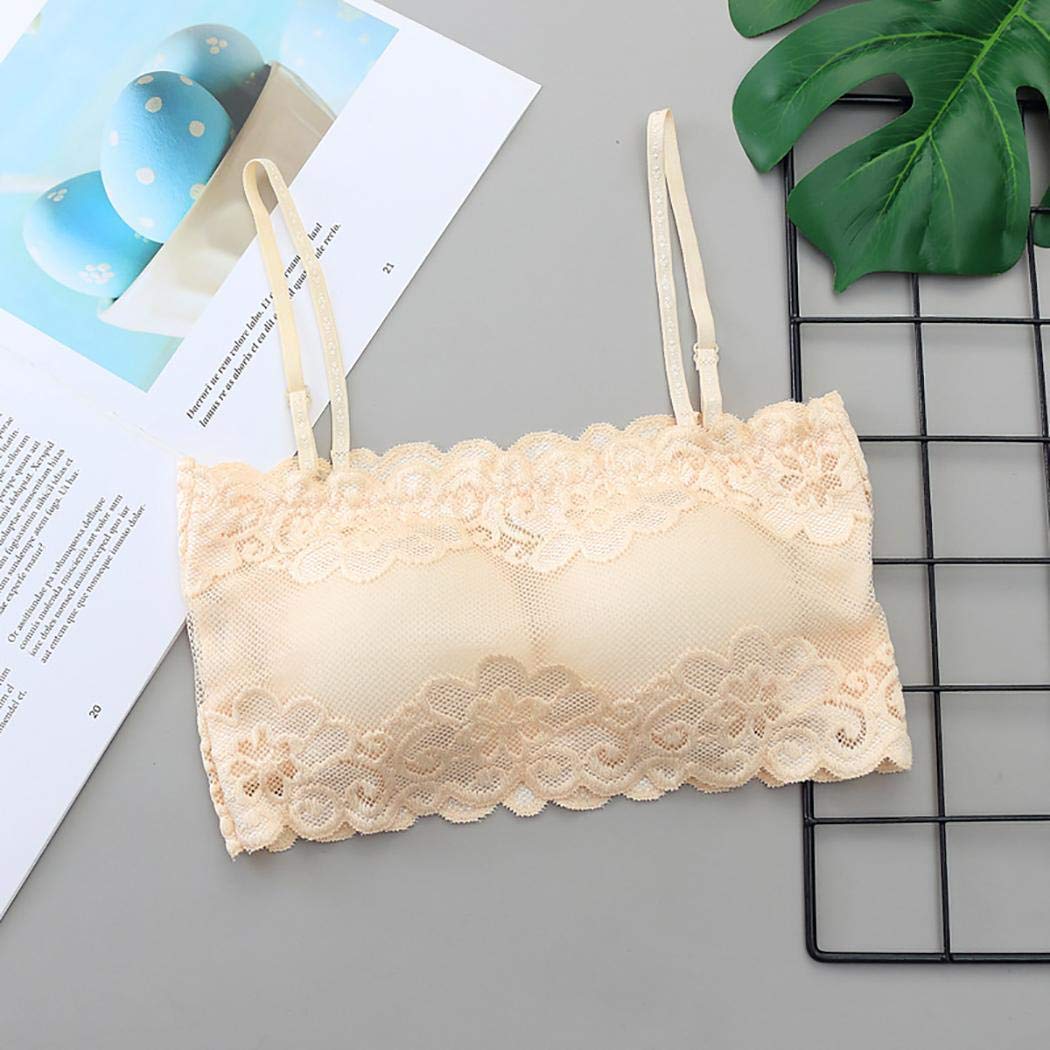 xabern Sexy Underwear Bra,Women Lace Seamless Tube Top Bra Breathable Strapless Bandeau Bra Underwear Everyday Bras Beige
