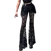 Insdark Rave Lace Bell Bottom Pants Woman Goth Sheer Mesh Flare Baggy Wide Leg Lounge See Through